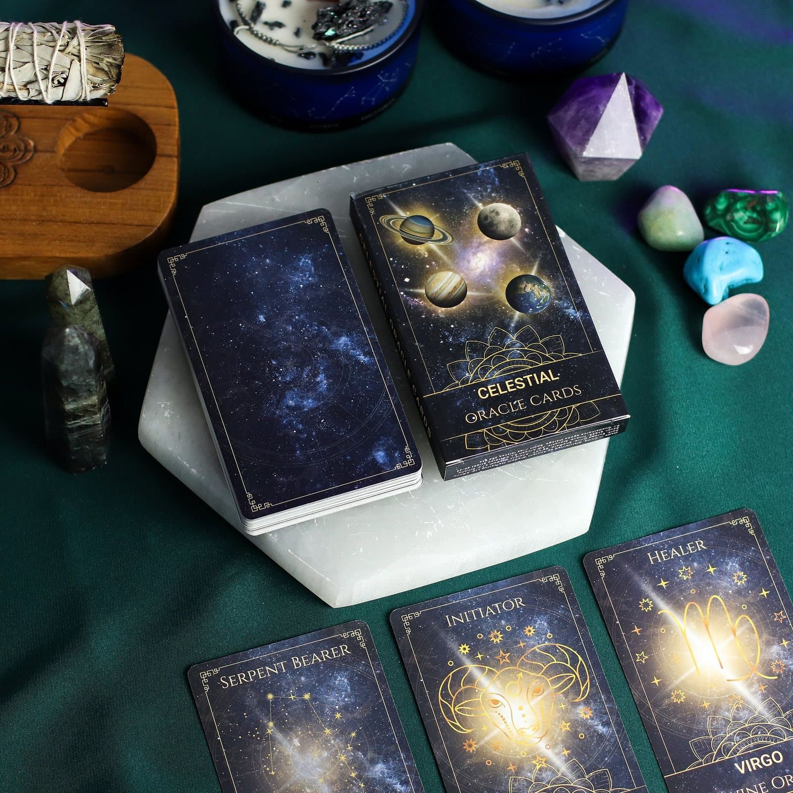 Celestial Energy Atlas oracle cards deck with midnight tones and golden details