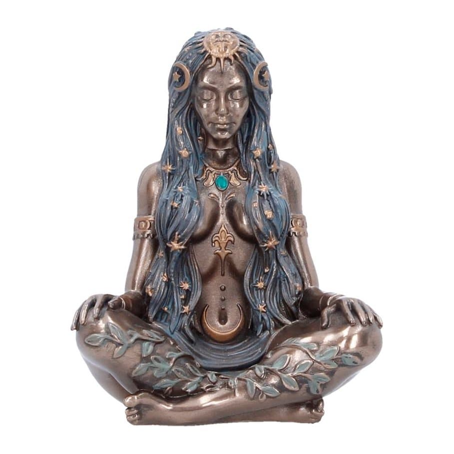 Seated goddess figurine with dark blue hair and celestial accents in a bronze finish