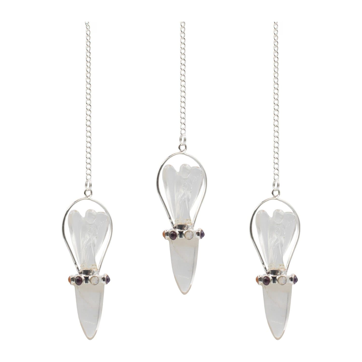 Clear quartz angel pendulum with a matching clear quartz point and chakra band
