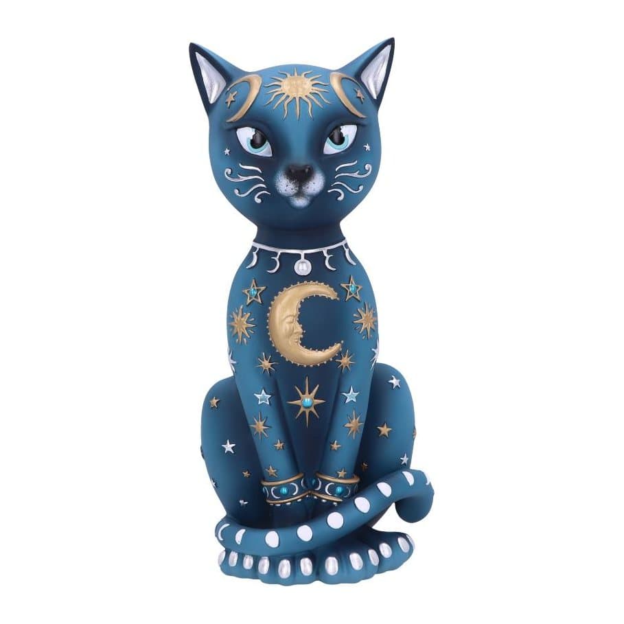 Blue resin cat ornament with gold moon and stars and a silver collar
