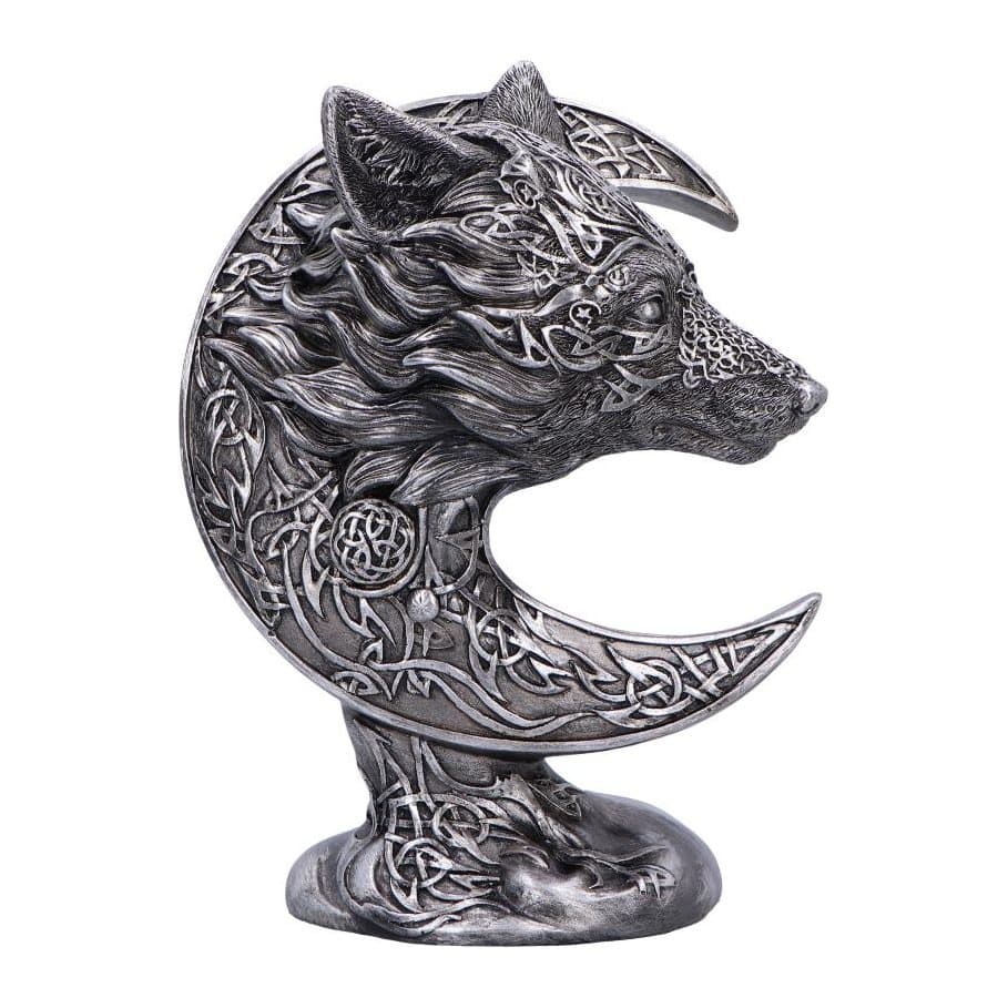 Black and silver crescent moon with a wolf's head and Celtic knotwork