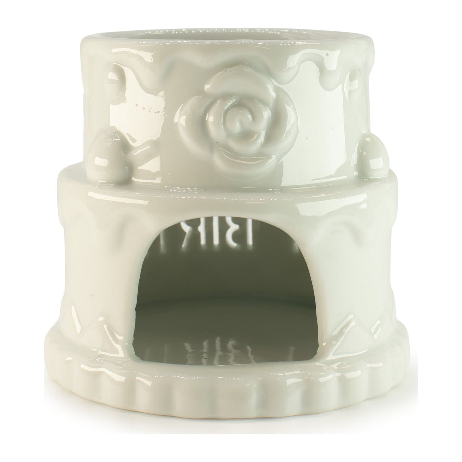 White ceramic cake oil burner with rose accents and Happy Birthday cut-outs
