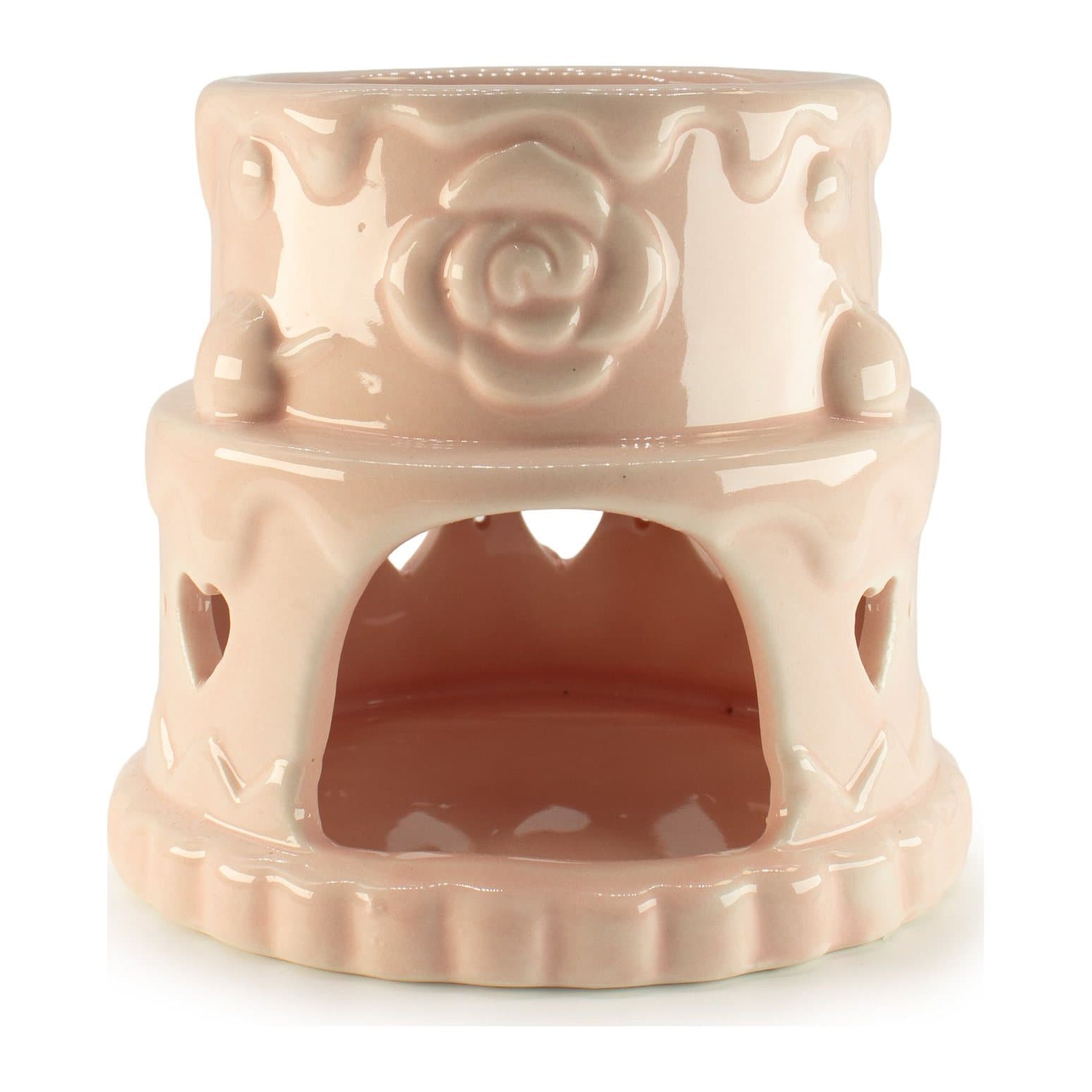 Pink ceramic cake oil burner with heart cut-outs and embossed roses