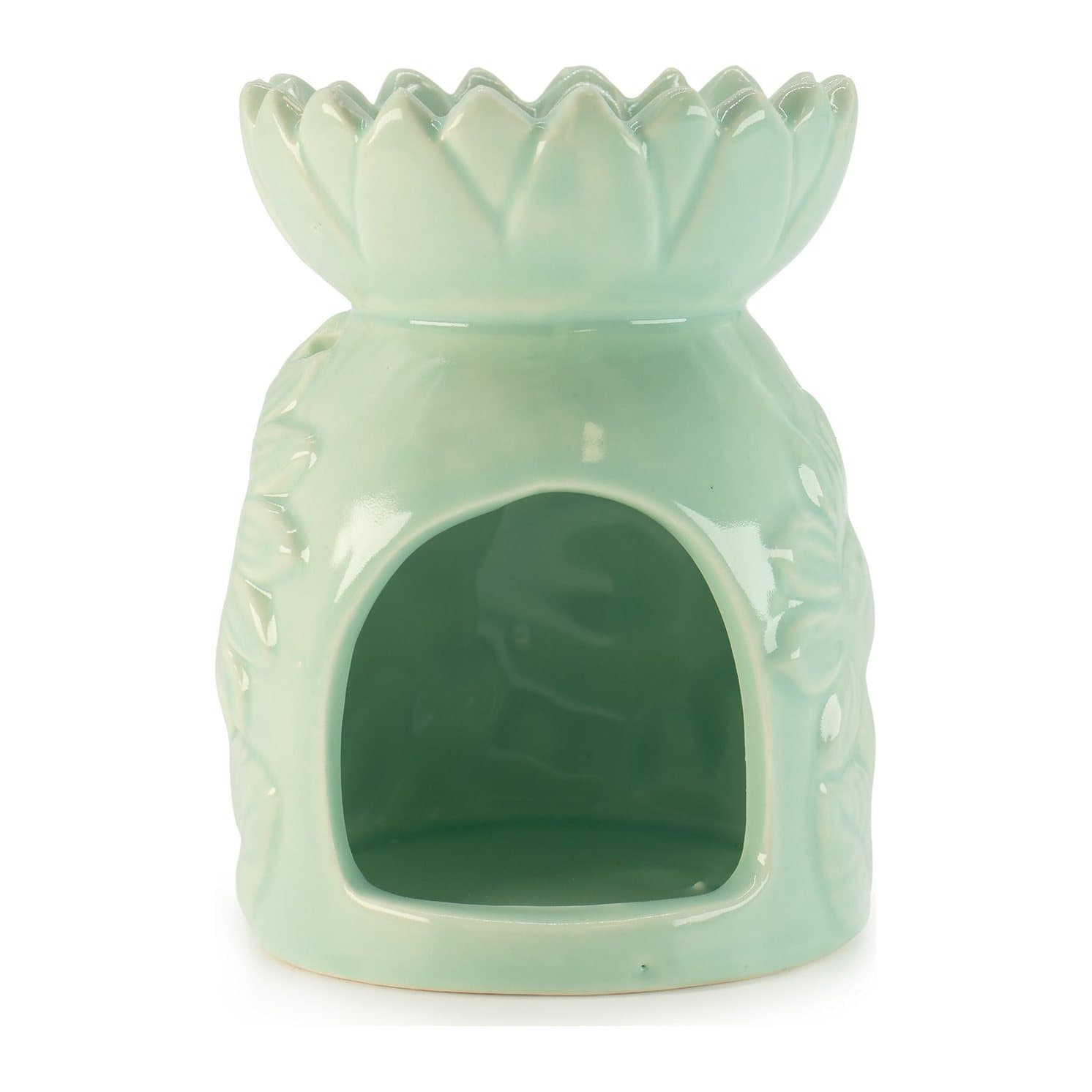 Pastel ceramic oil burner with raised sunflower design and flower-shaped dish