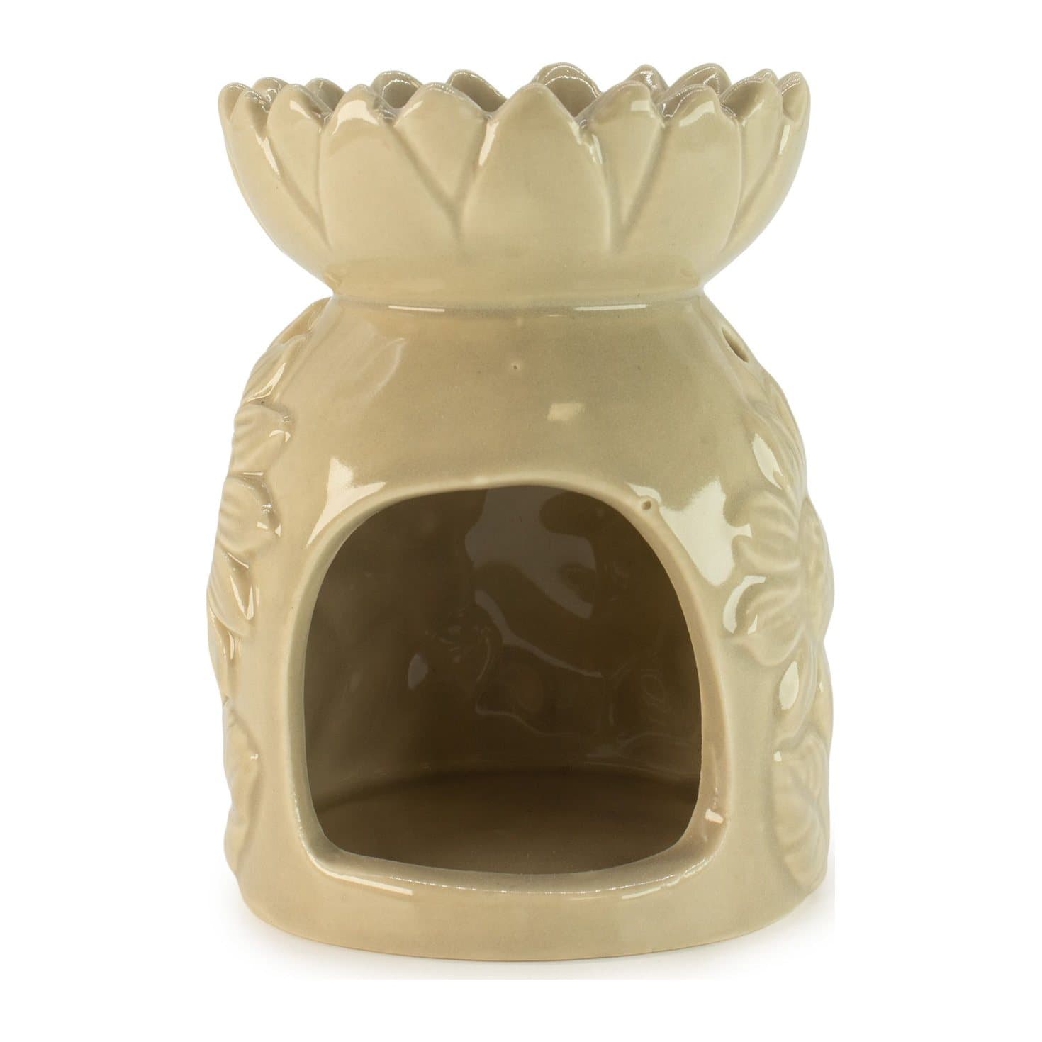 Pastel beige ceramic oil burner with a raised sunflower pattern