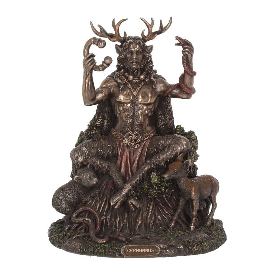Cernunnos Horned God figurine seated on a tree stump with animals