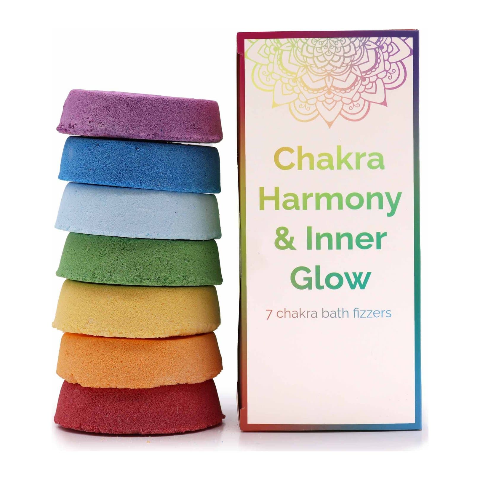 Box of seven chakra bath fizzers in chakra colours with a mandala pattern