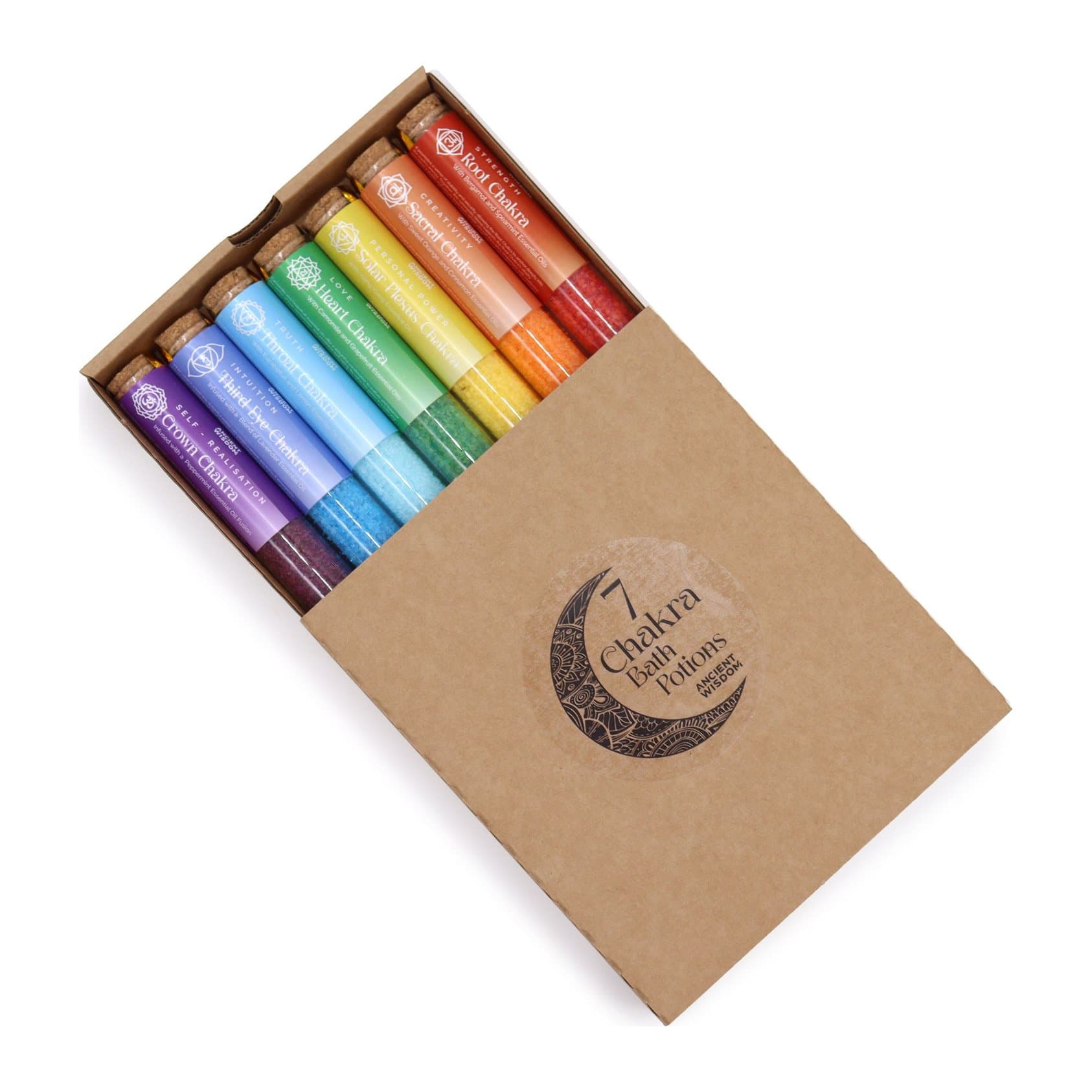 Seven chakra bath salt vials in a gift pack