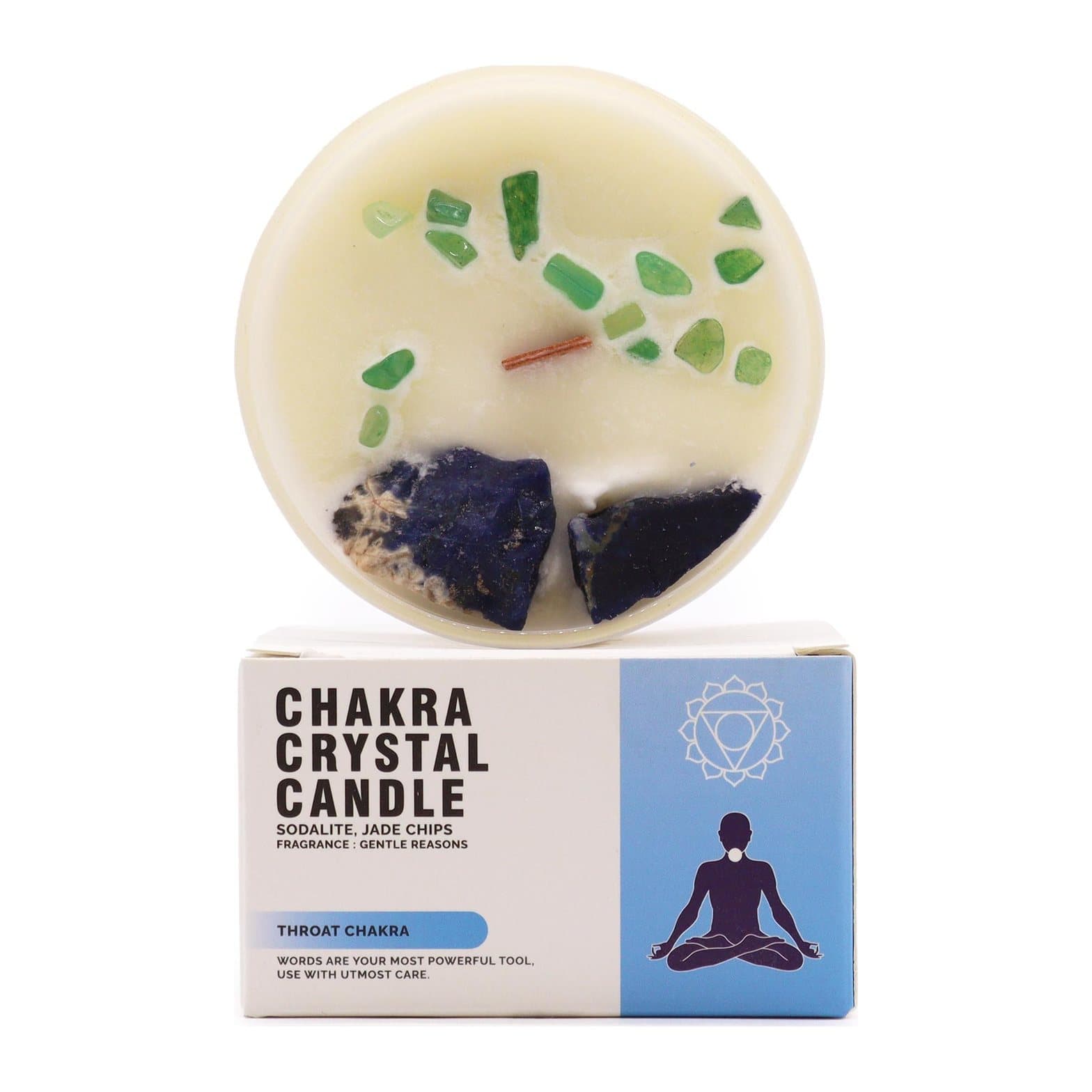 Throat chakra crystal candle decorated with sodalite and jade chips