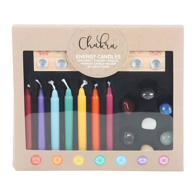 Chakra candle and crystal gift set in a colour cardboard box with a window