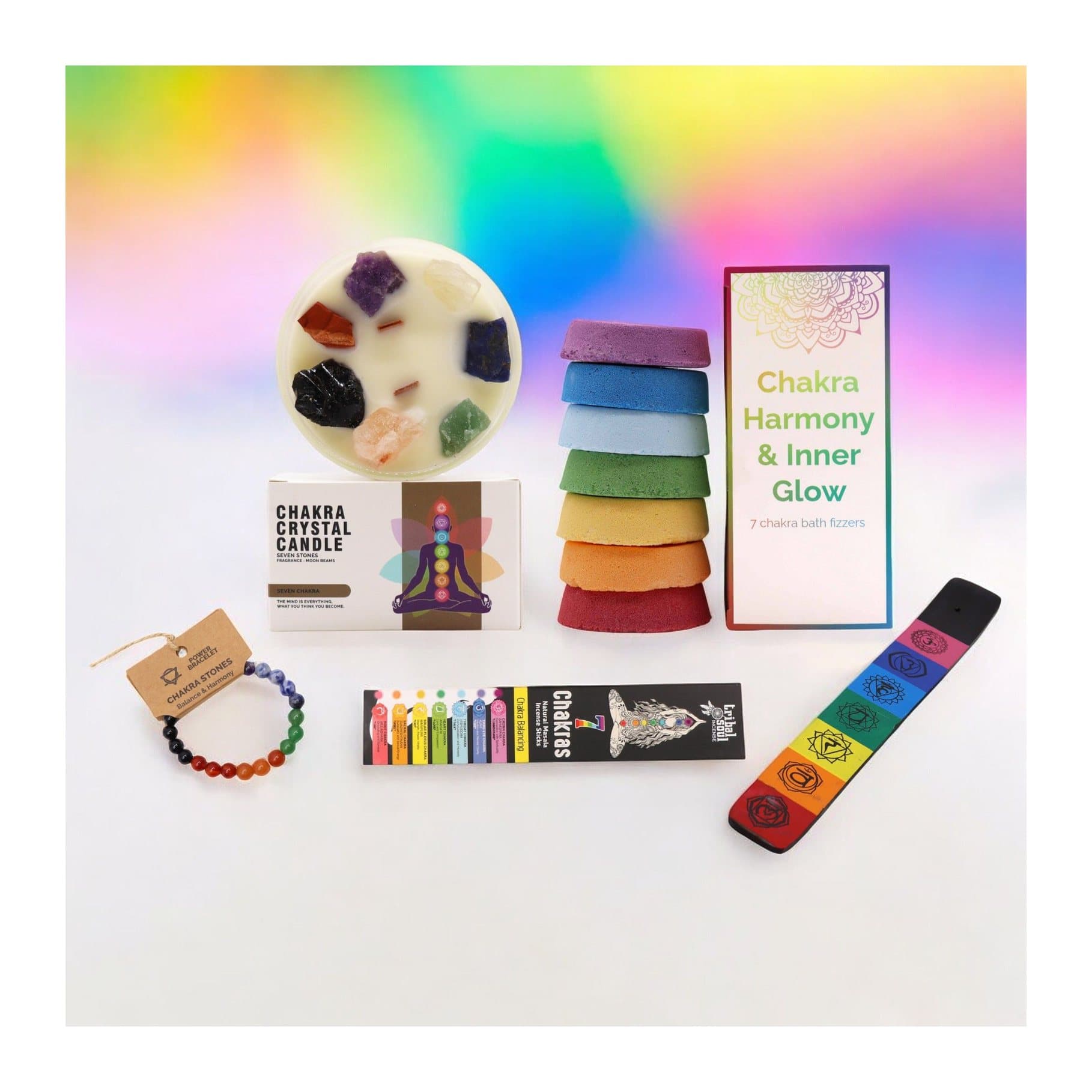 Chakra gift bundle with candle, gemstone bracelet, bath fizzers and incense