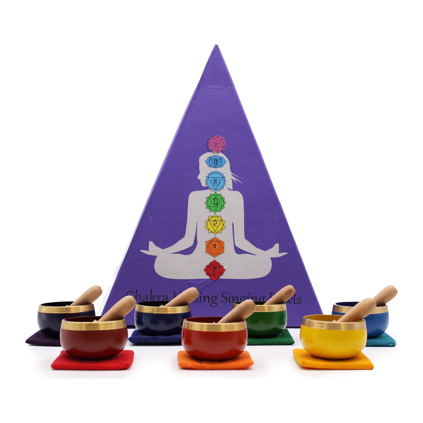 Seven brass chakra singing bowls in a pyramid-shape box