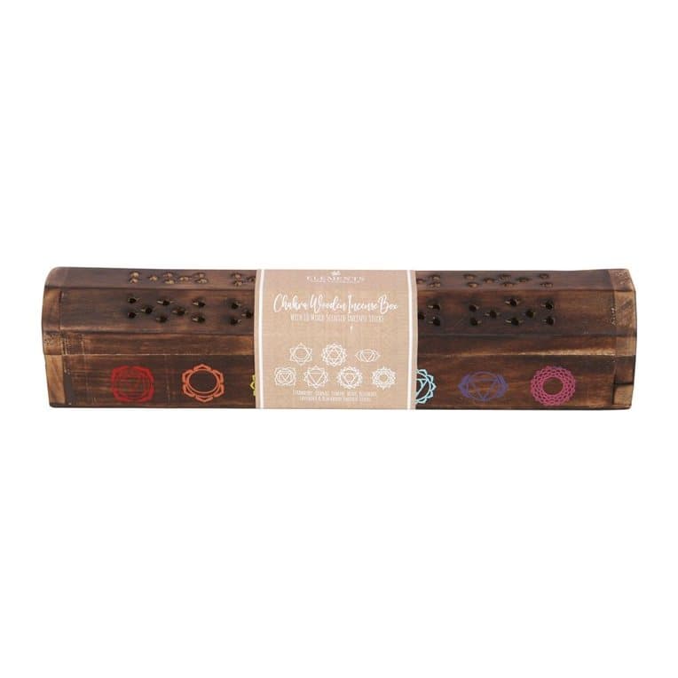 Mango wood box printed with seven chakra symbols holding incense sticks