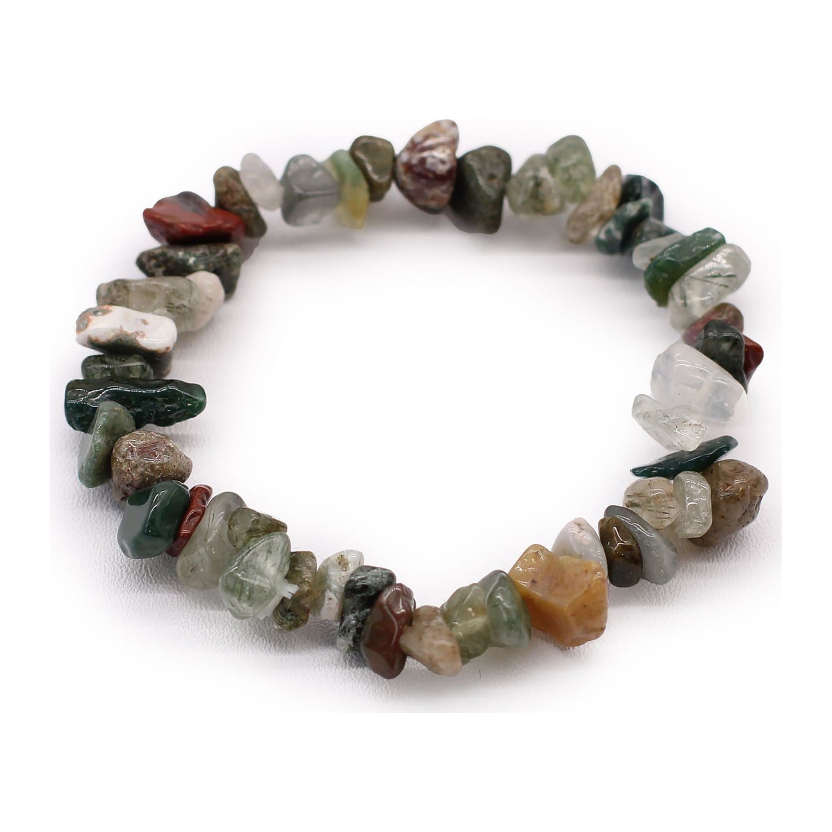 Pack of three moss agate chip bracelets on elastic thread