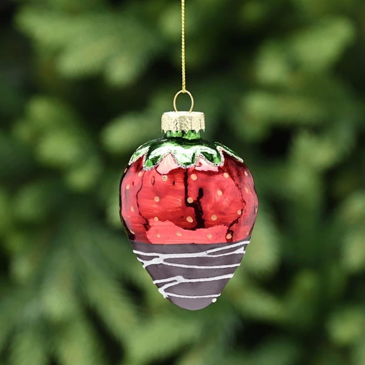 Red glass strawberry hanging decoration with chocolate-style detailing
