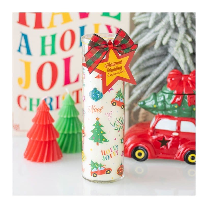 Tall tube candle with a colourful nostalgic Christmas print