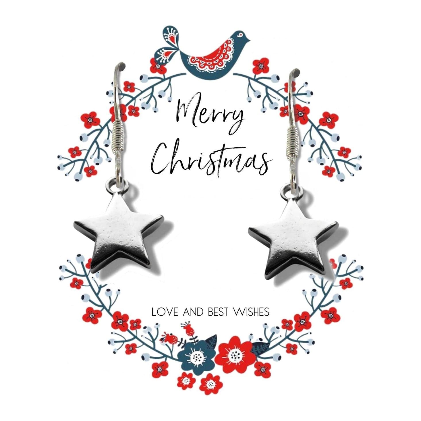 Silver star drop earrings with a Merry Christmas message card