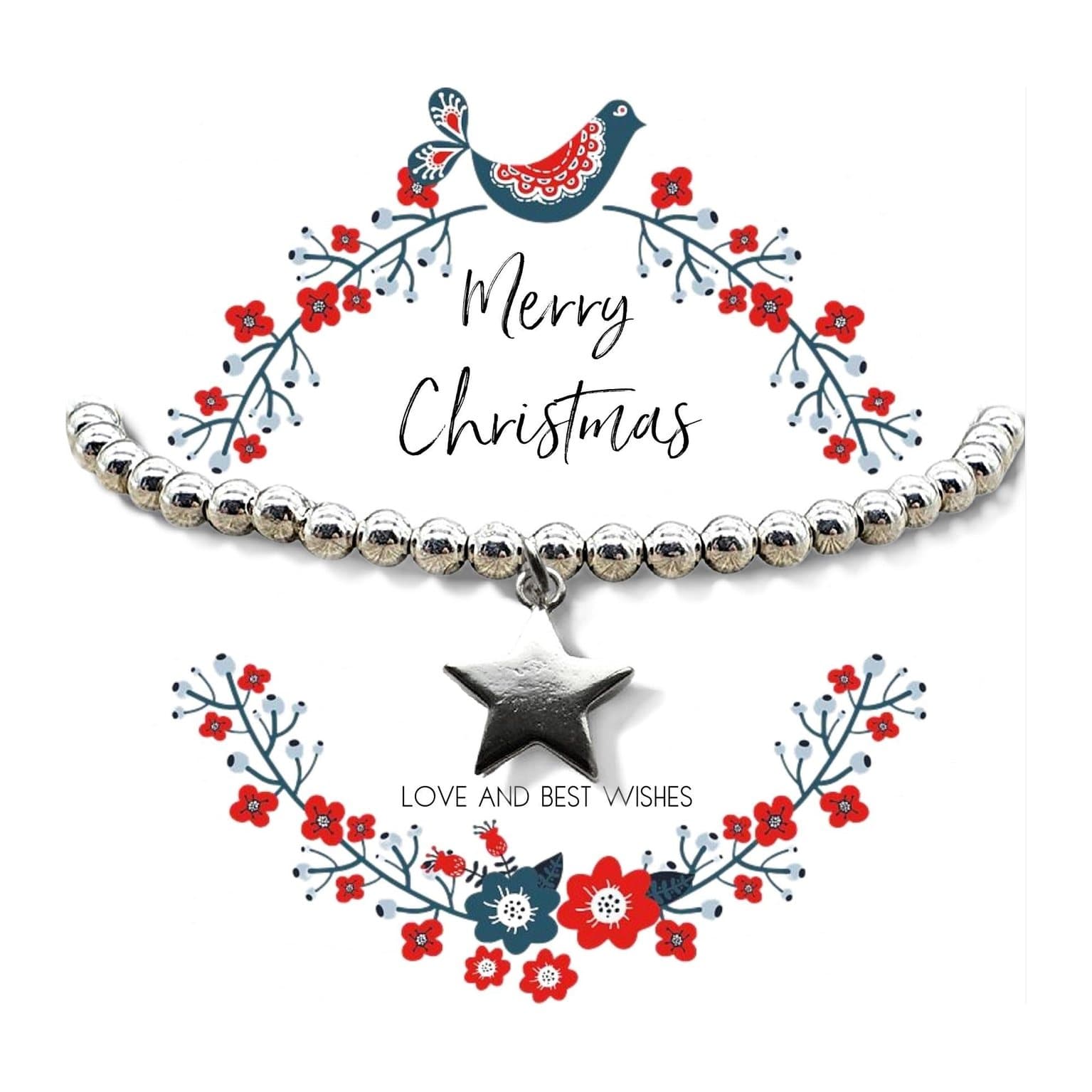 Christmas gift hamper with silver star bracelet, pink jewellery box and message card