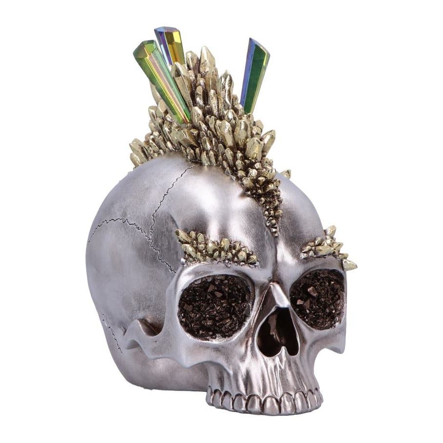 Chrome-finish resin skull with crystal shards forming a dramatic mohawk