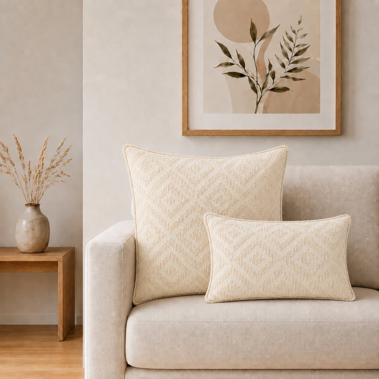 Creamy neutral geometric jumbo cushion cover, 60 x 60 cm