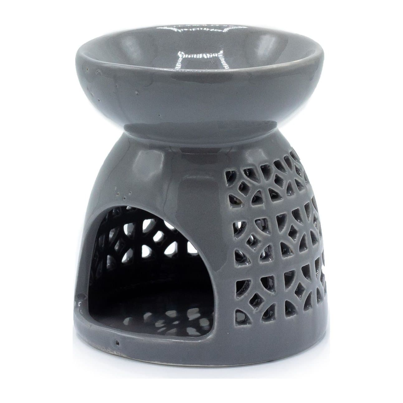 Grey ceramic oil burner with a Moroccan cutout design