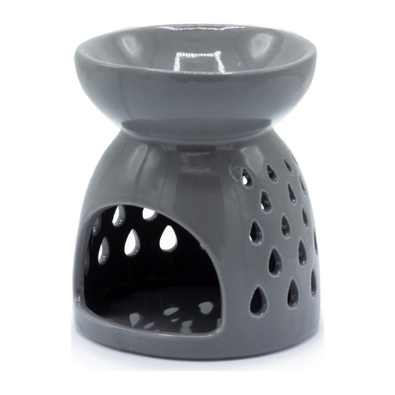 Grey ceramic oil burner with a teardrops cutout design