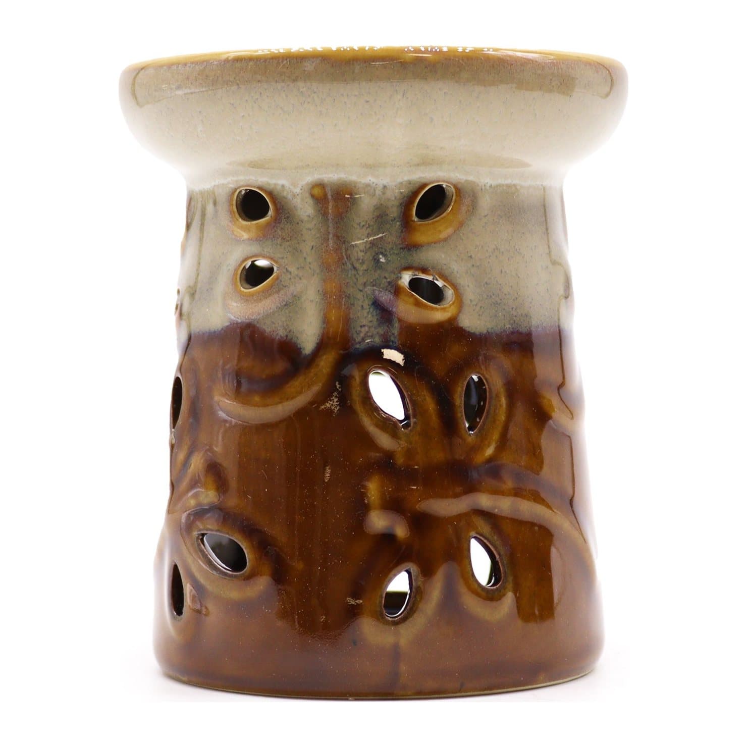 Ceramic oil burner in a rustic terracotta style with a dragonfly design