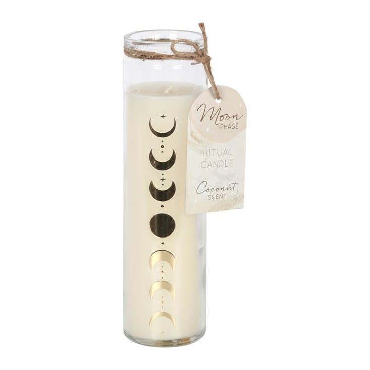 Tall glass tube candle printed with the phases of the moon