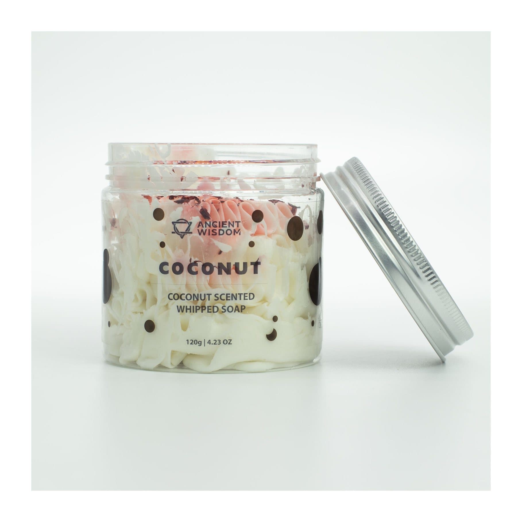 Coconut whipped soap with a white and soft pink swirl and delicate shavings