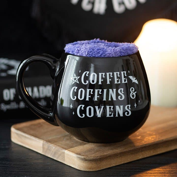 Cauldron mug with fluffy purple socks