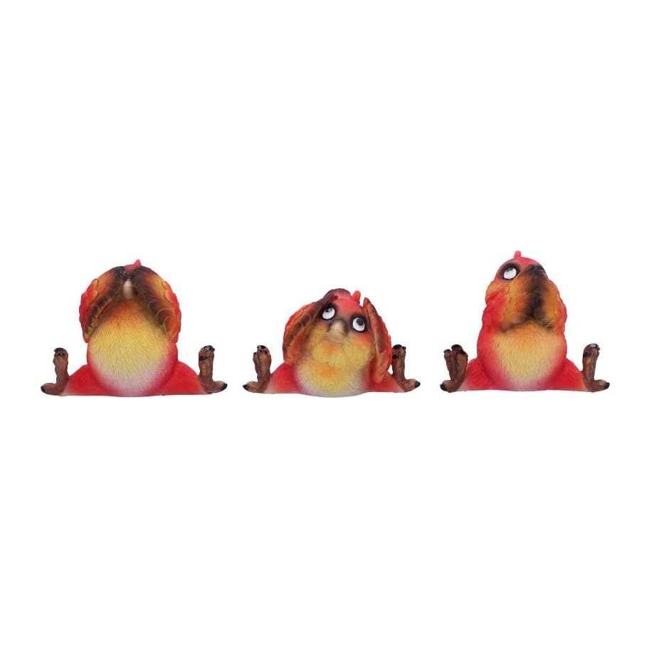 Set of three resin bird figurines covering eyes, ears and mouth