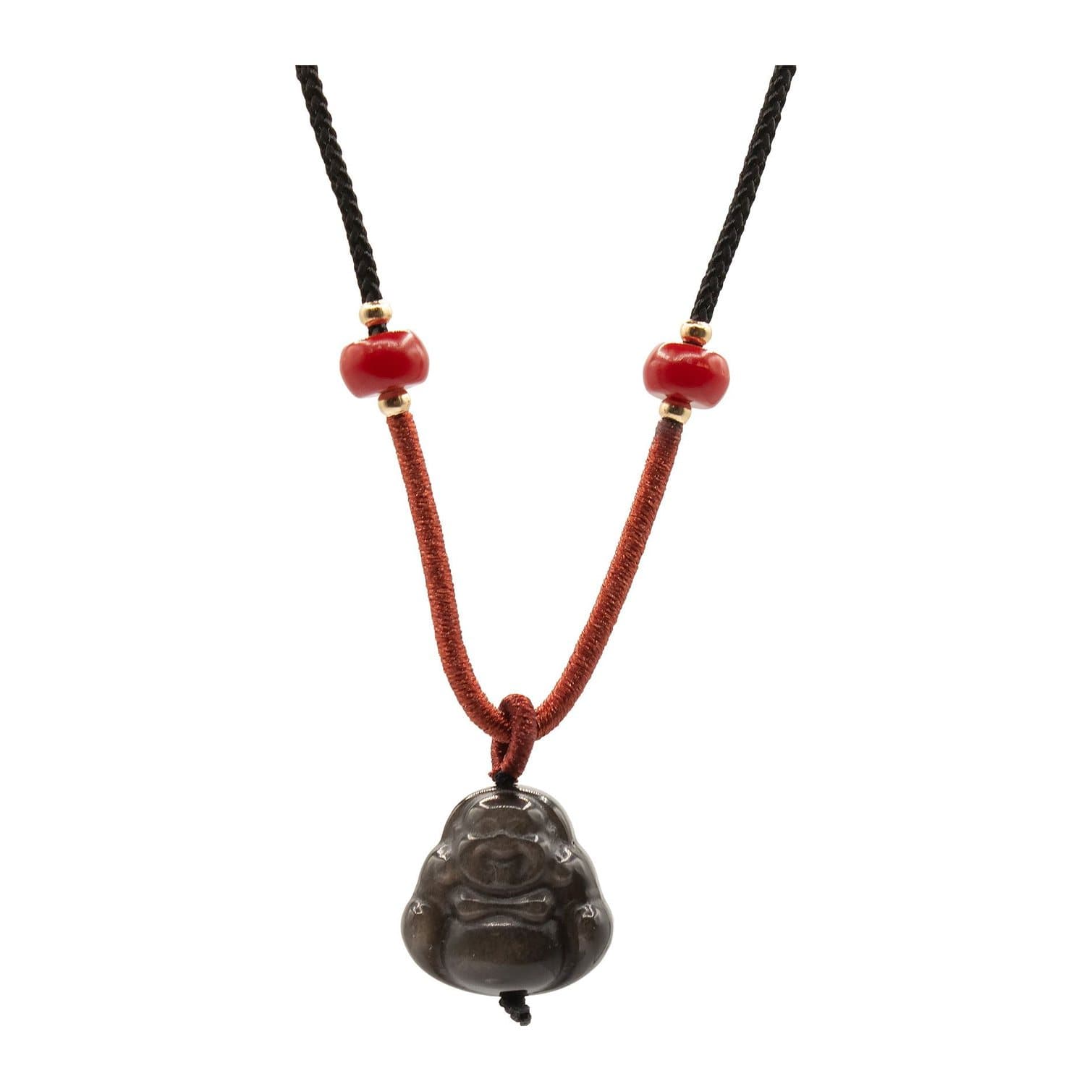 Silver obsidian Buddha pendant on a cotton cord necklace with decorative beads