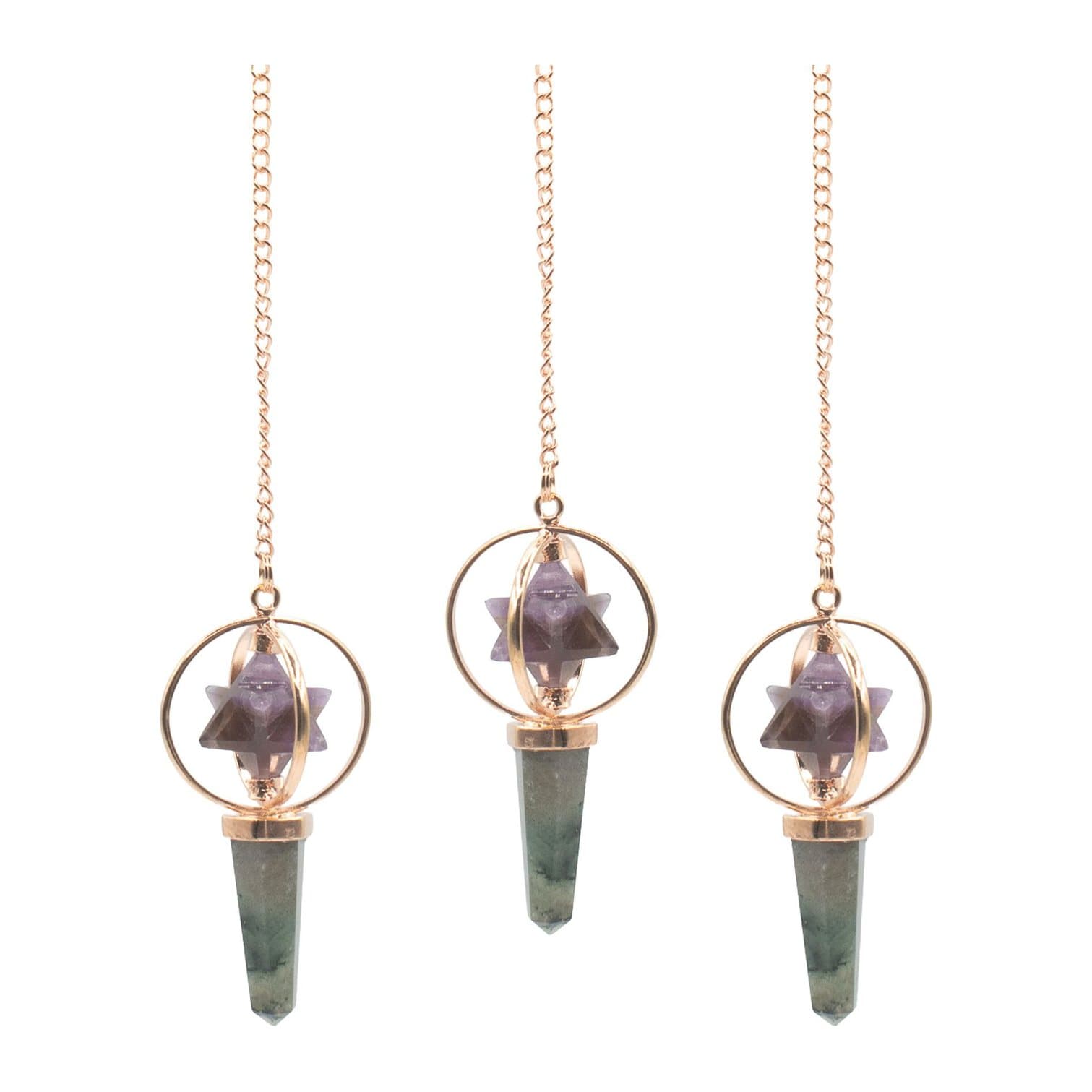 Two-piece amethyst Merkaba star and labradorite pendulum with copper finish