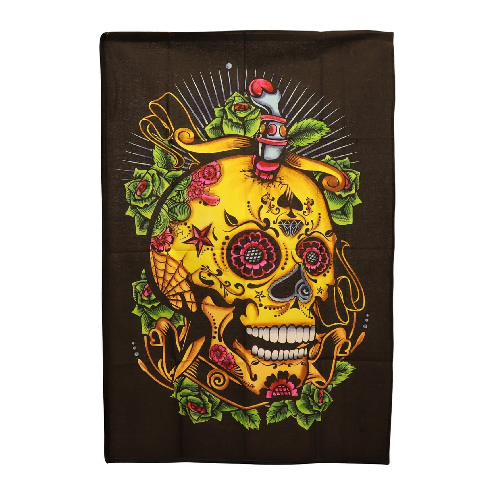 Colourful Day of the Dead skull cotton wall hanging on a dark background