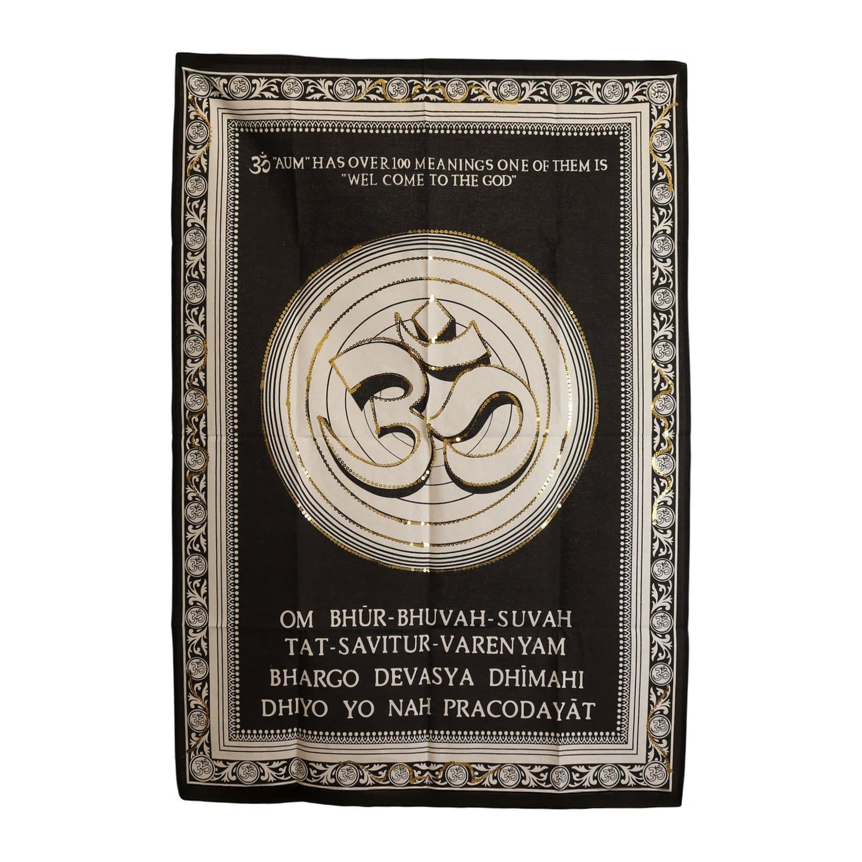 Cotton wall hanging with an Om symbol in black, white and gold with a decorative border