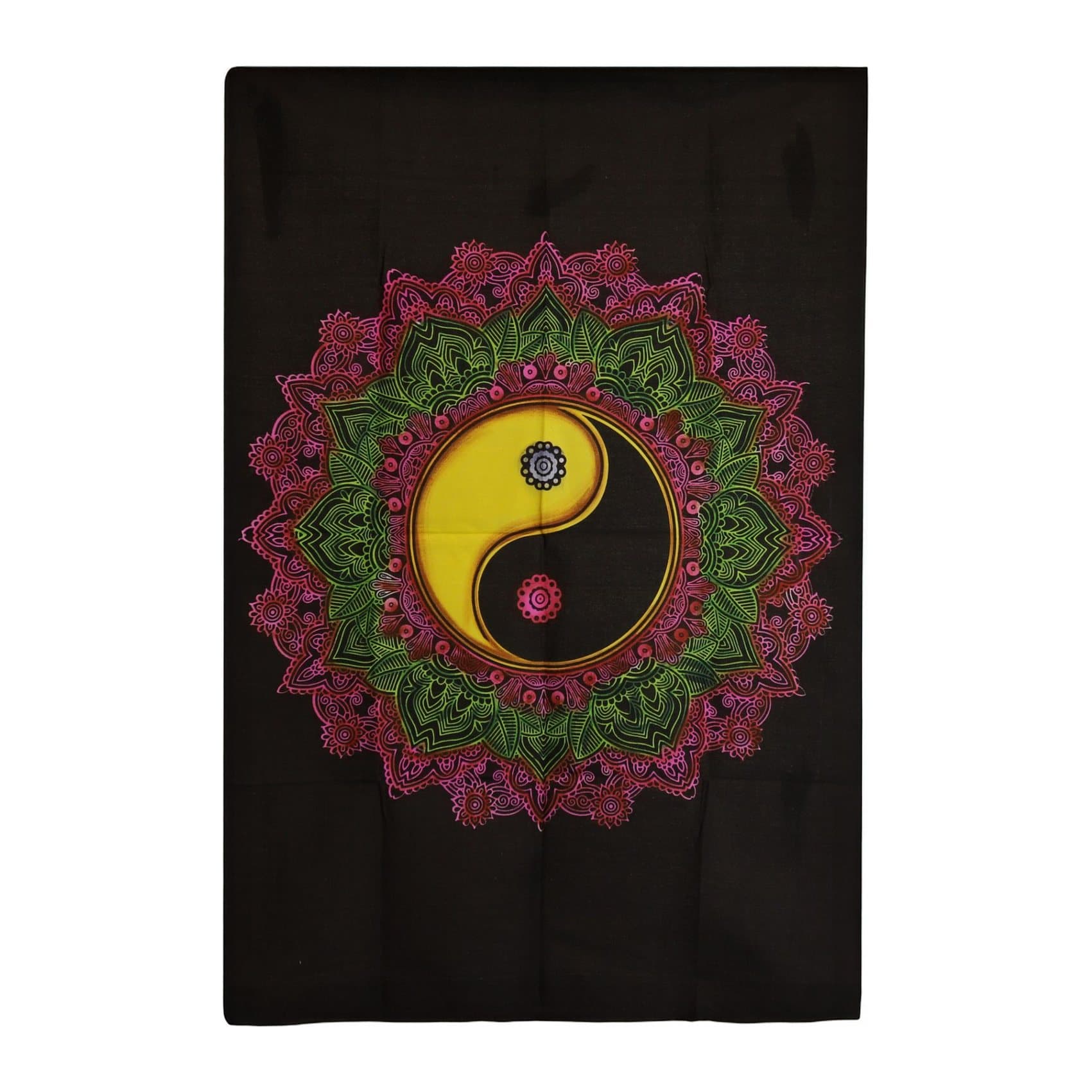 Cotton wall hanging with a Yin Yang symbol and pink and green mandala on black