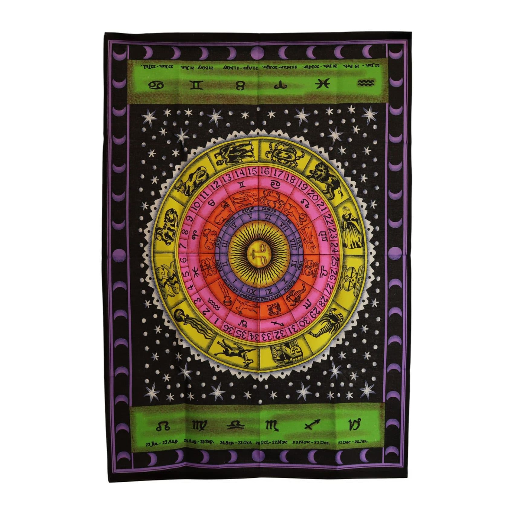 Cotton wall hanging with a colourful zodiac wheel, stars and lunar phases