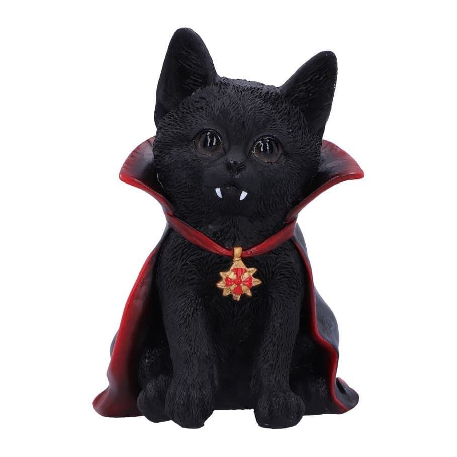 Vampire cat figurine with white fangs and a red cloak