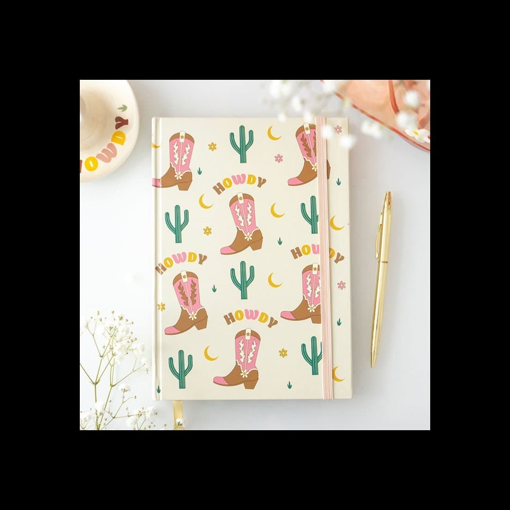 Western cowboy boot A5 notebook with Howdy text and a sticker sheet