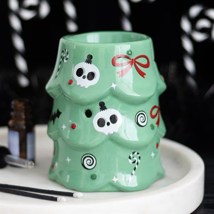 Ceramic Christmas tree oil burner with candy canes, skulls and bows