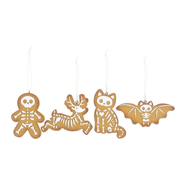 Four skeleton gingerbread-style Christmas tree ornaments