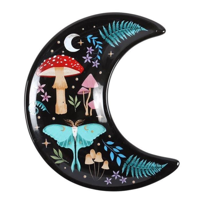 Crescent moon trinket dish with a nocturnal forest print and golden stars