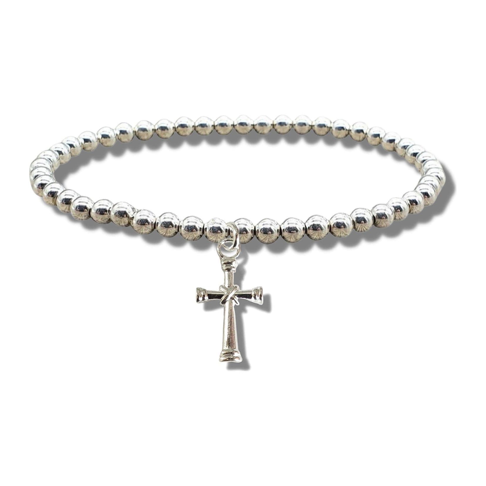 Silver plated cross charm on a stretch beaded bracelet