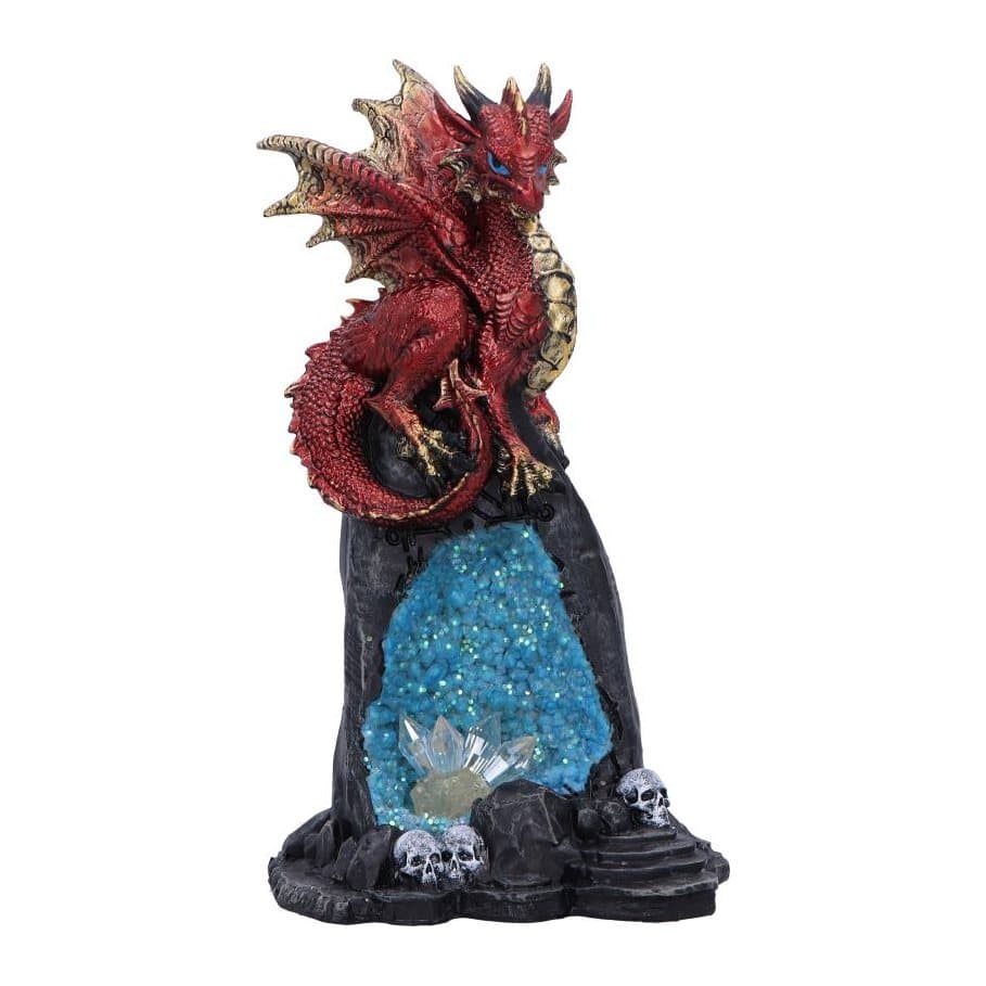 Red and gold resin dragon figurine atop a blue crystal cave