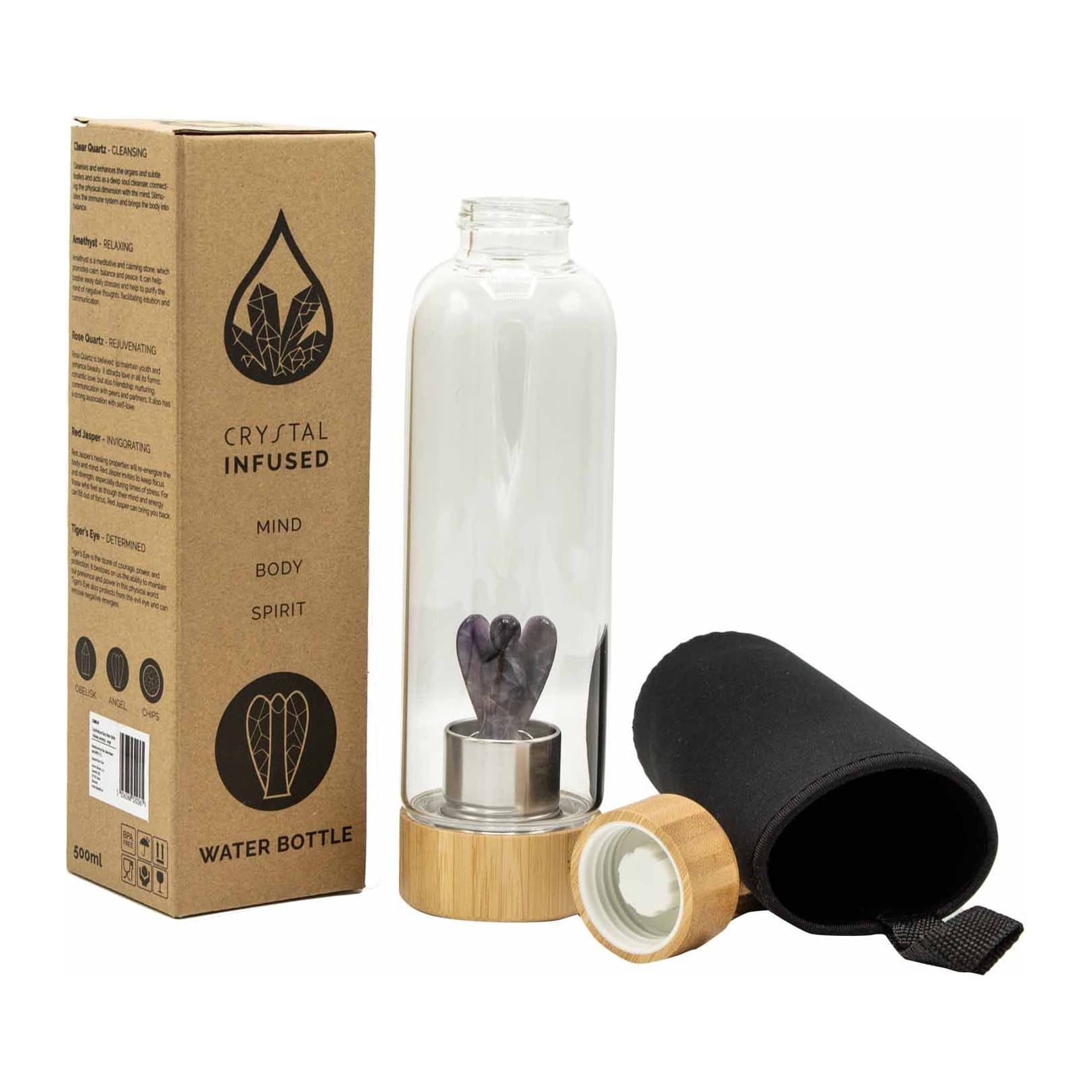 Amethyst crystal glass water bottle with an angel design