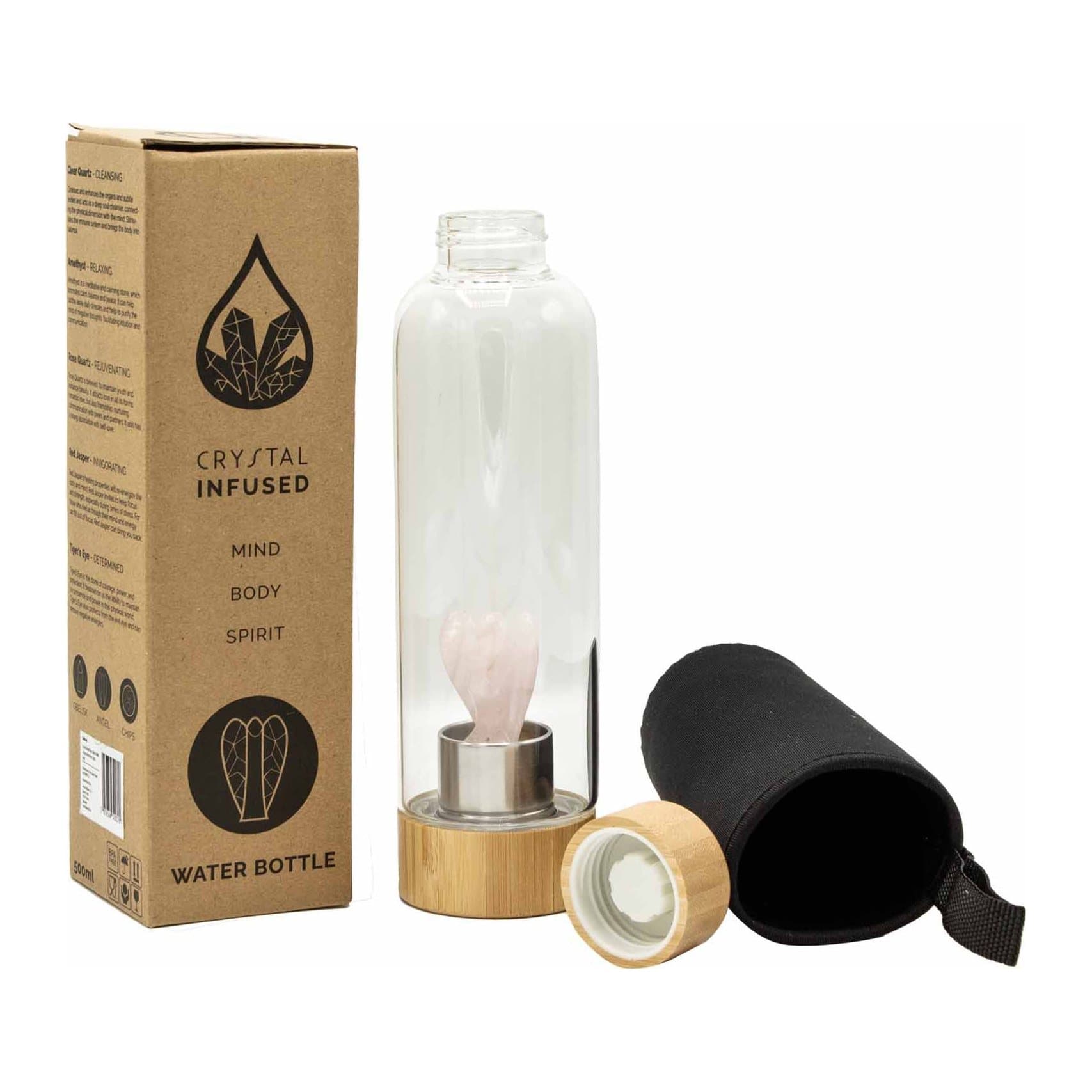 Rose quartz crystal glass water bottle with an angel design