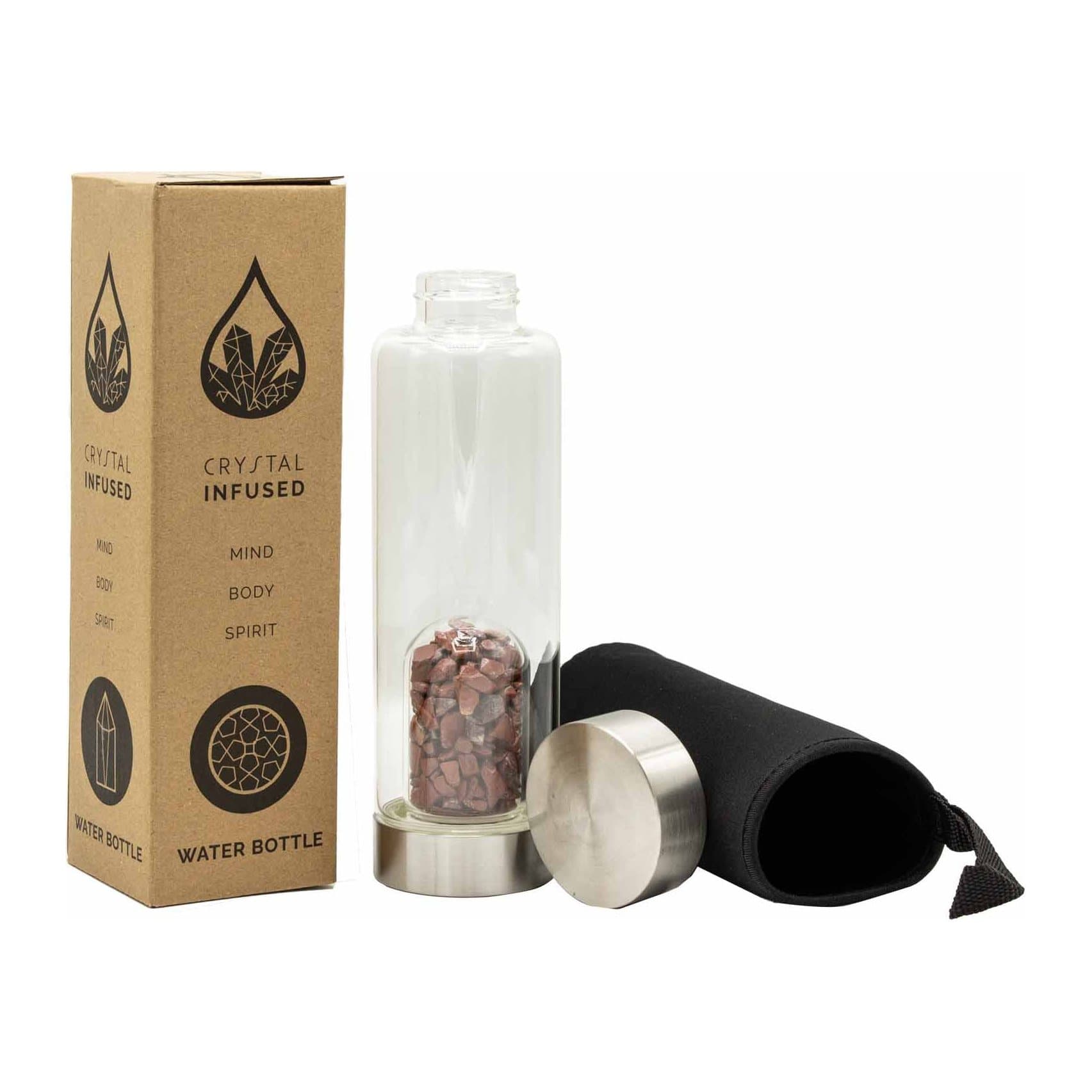 Glass water bottle with red jasper crystal chips
