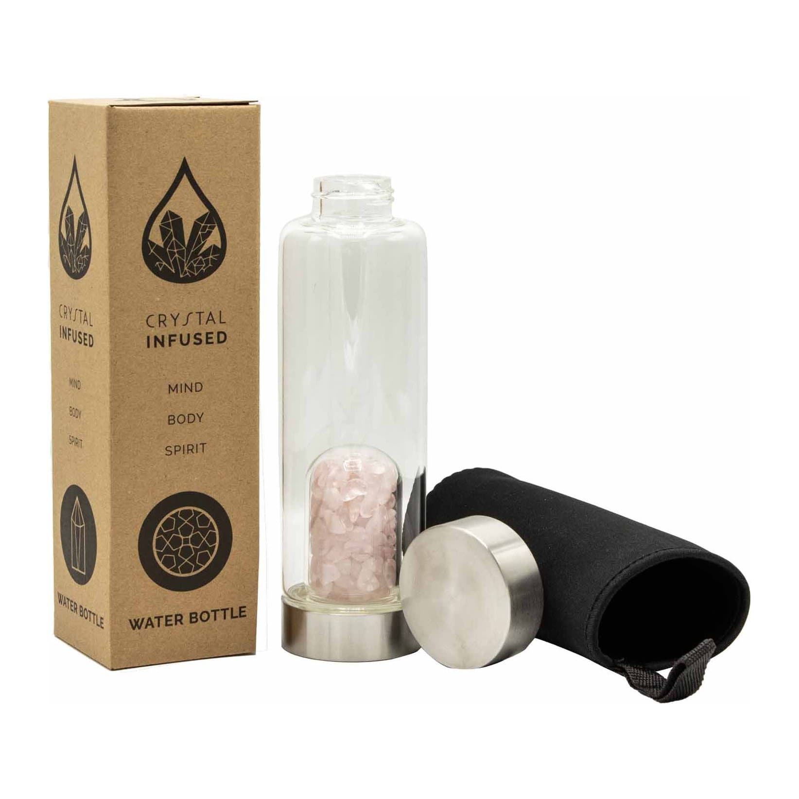 Glass water bottle with rose quartz crystal chips