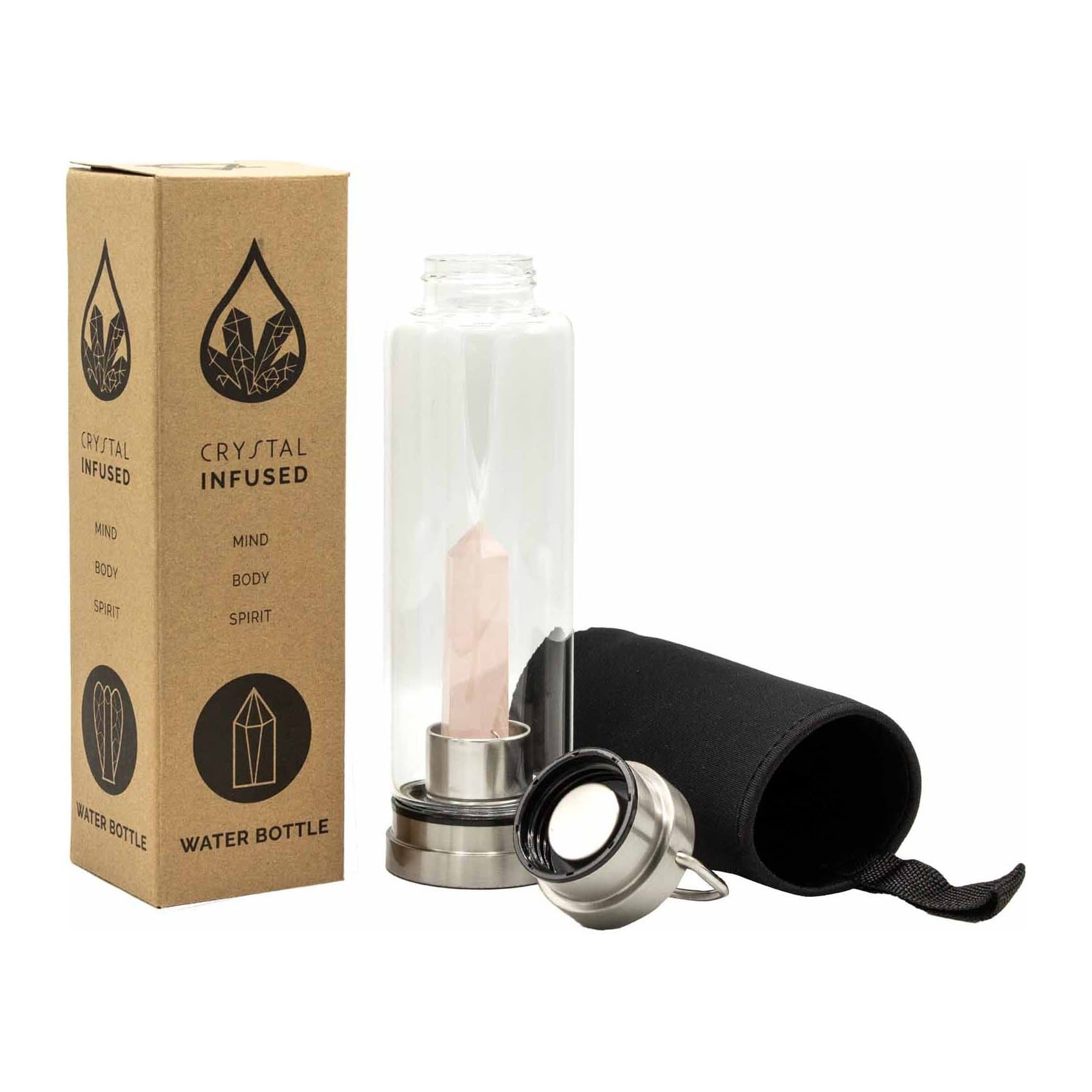 Rose quartz crystal glass water bottle with an obelisk design