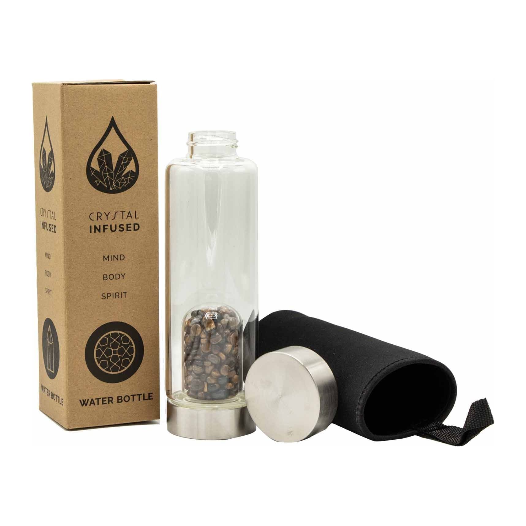 Glass water bottle with tiger's eye crystal chips